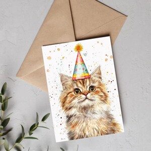 Persian cat Birthday Card – Cute Cat in Party Hat, Printable Watercolor Pet Greeting Card, Funny Animal Card, Cat Lover Gift, Text Inside