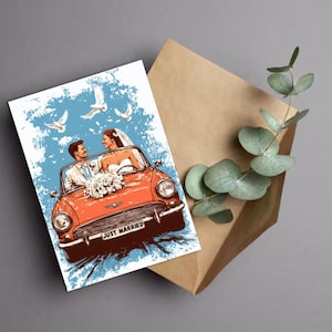 Watercolor Wedding Couple in Car Wedding card/ Bride & Groom Getaway Car Card