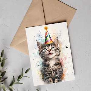 トラ猫の誕生日カード - パーティーハットをかぶったかわいい猫、印刷可能な水彩画のペットグリーティングカード、面白い動物カード、猫好きへのギフト、テキスト入り