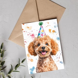 Poodle Birthday Card – Cute Dog in Party Hat, Printable Watercolor Pet Greeting Card, Funny Animal Card, Dog Lover Gift, Text Inside