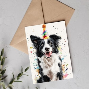 Border Collie Birthday Card – Cute Dog in Party Hat, Printable Watercolor Pet Greeting Card, Funny Animal Card, Dog Lover Gift, Text Inside