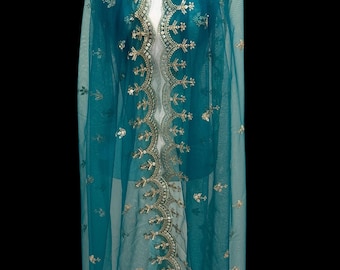Teal Net Dupatta Shawl Wrap Lightweight Embroidered