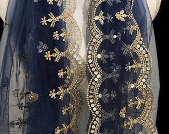 Navy Blue Net Dupatta Shawl Wrap Lightweight Embroidered