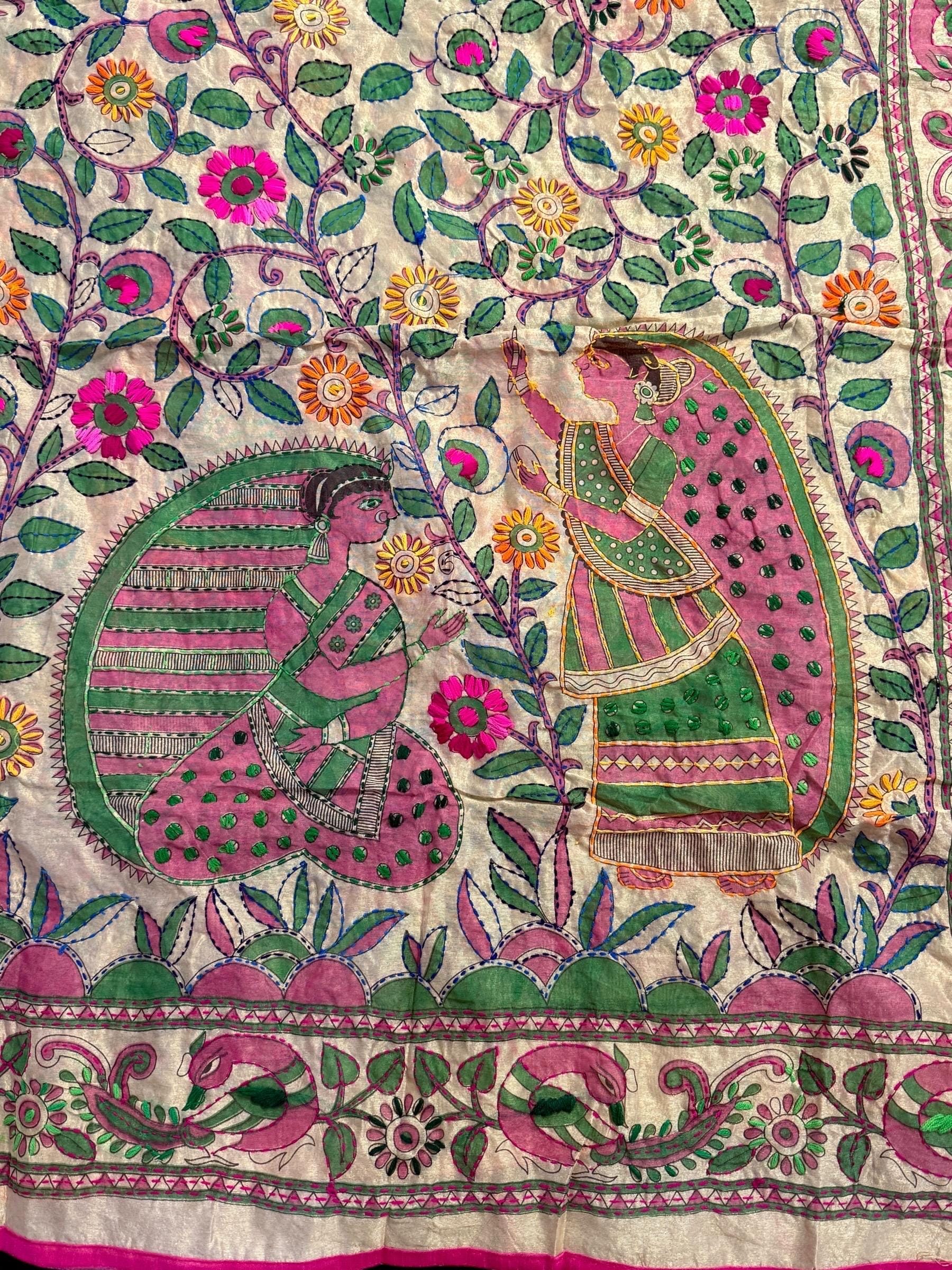 Dupatta Phulkari Ricamato A Mano Nero E Beige – Sciarpa Etica In Chiffon Dal Punjab
