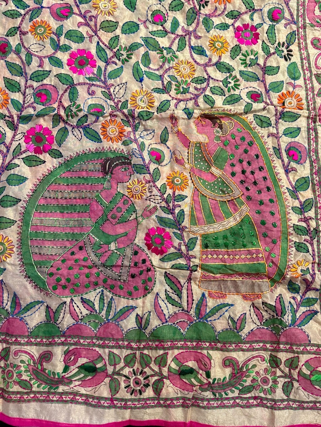Dupatta Phulkari Ricamato A Mano Nero E Beige – Sciarpa Etica In Chiffon Dal Punjab