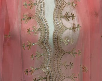 Coral Pink Net Dupatta Lightweight Embroidered