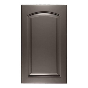 May include: A single, rectangular cabinet door in a dark, muted brown colour. The door features a raised panel design with a curved top and a rectangular bottom panel, creating a classic, elegant look. The door is likely made of wood.