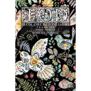 May include: Iron Orchid Designs transfer paper with a black background and a floral and bird design. The text "Iron Orchid Designs Transfer Fern Fables" is printed on the sheet. The sheet measures 20.3 x 30.5 cm.