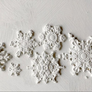 Peut inclure: Une collection d'ornements décoratifs blancs au fini mat, présentant des motifs floraux et des volutes en relief complexes. Ces pièces circulaires et en forme d'étoile affichent des textures détaillées avec un motif de bordure perlée.