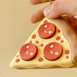 Puede incluir: Un llavero con forma de porci&oacute;n de pizza con tres rodajas de pepperoni rojas y detalles blancos. La corteza es marr&oacute;n y el queso es amarillo. El fondo es de color amarillo claro.