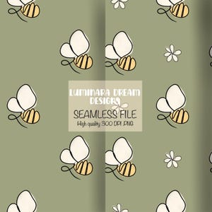 Könnte beinhalten: Nahtloses Muster mit stilisierten Bienen mit weißen Flügeln und gelben Körpern, schwarz umrandet, mit kleinen weißen Blumen auf einem gedämpften grünen Hintergrund. Der Text lautet "Luminara Dream Designs" und "Seamless File".