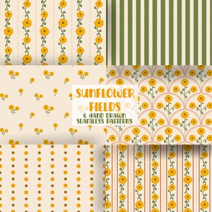 Sonnenblume Musterdesign Bundle, Retro Floral Digital Paper Pack, Cottagecore gelbe Blumen, Stoff Tapete Scrapbook Muster Set