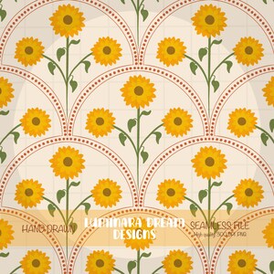 May include: Seamless pattern featuring stylized yellow sunflowers with brown centers and green leaves. The flowers are arranged in a repeating pattern within a cream-colored background, framed by a dotted arch design. The text "Luminara Dream Designs" is visible.