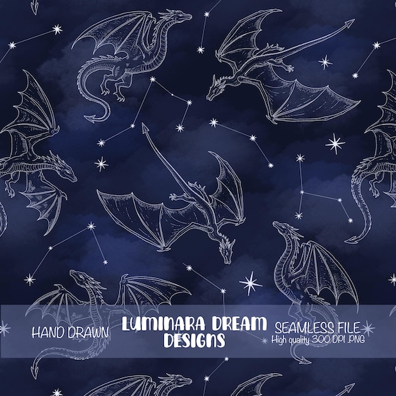 Fantasy Dragon Bookish Seamless Pattern , Wyvern Night Sky Design, Constellations Digtial Paper, Dark Academia Magical Book Lovers Wallpaper