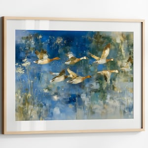 May include: A framed painting depicts a flock of ducks in flight against a backdrop of blue and green hues. The artwork features a light wooden frame. The ducks are rendered with brown and white feathers, and orange beaks, creating a dynamic and naturalistic scene.