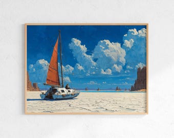 Decorazione murale a tema vela - Dipinto di un'avventura costiera in barca a vela d'epoca, download digitale per l'arredamento della casa degli amanti della vela