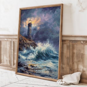Stormy Lighthouse Coast, Dramatic Nautical Seascape Print, Digital Oil Painting Ocean Wall Art for Coastal Homes