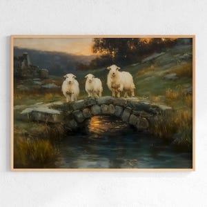 Impresión de ovejas pastorales: arte rural con puente de piedra, descarga digital para decoración rústica de casa de campo.