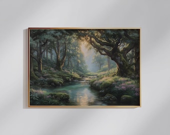 Forest Wall Art - Enchanted Forest Stream Painting, Digital Download for Nature Lover Home Decor
