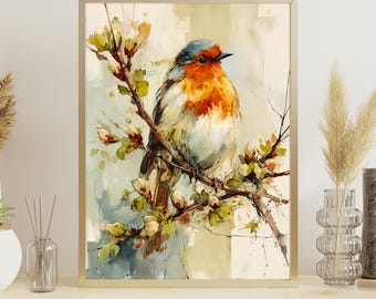 Robin Bird Wall Art - Spring Songbird Watercolor Painting, Digital Download for Bird Lover Home Decor