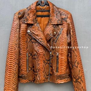 Bruin leren jack met python: luxe bikerjack met slangenleer voor heren