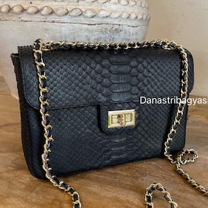 Black Matte Python Leather  Crossbody Bag : Luxury Snakeskin Medium Shoulder Bag ; Woman Purse