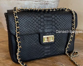 Black Matte Python Leather  Crossbody Bag : Luxury Snakeskin Medium Shoulder Bag ; Woman Purse