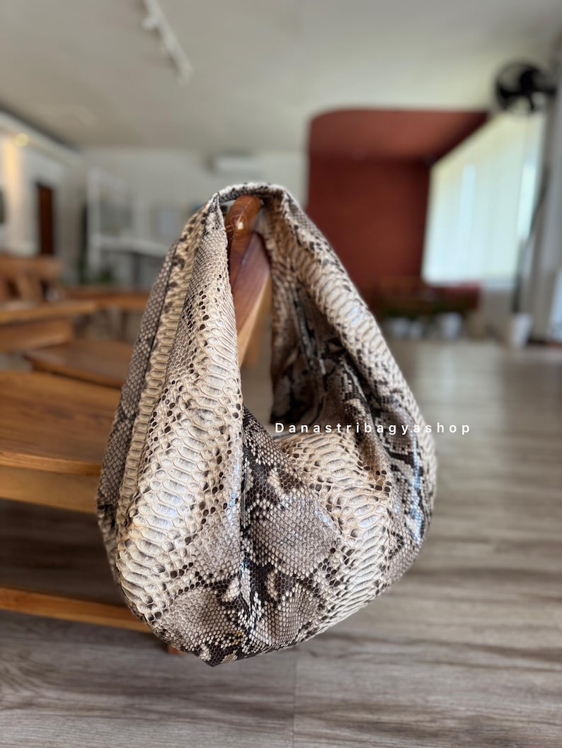 Beige Python Leather Big Hobo Bag, Luxury Snakeskin Slouchy Shoulder ...