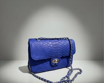 Blue Python Leather Crossbody Bag, Handmade Snakeskin Shoulder Bag