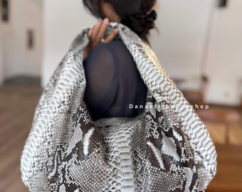 Python Leather Hobo Bag – Luxury Handmade Snakeskin Shoulder Bag, Large Soft Slouchy Tote for Women