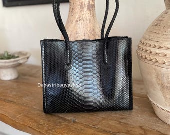 Bolso tote de piel de pitón negra, bolso de hombro de piel de serpiente de lujo, bolso de mujer