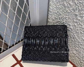 Portefeuille à deux volets en cuir de python noir : portefeuilles fins en peau de serpent exotique