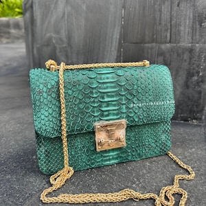 May include: A green, textured handbag with a gold chain strap and a gold clasp. The bag has a rectangular shape and a flap closure. The bag's surface has a scale-like pattern. The gold chain is woven.