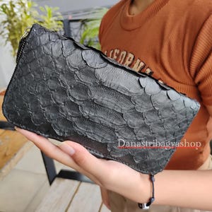 Black Python Leather Wallet: Exotic Snakeskin Clutch, Handmade