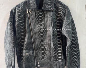 Black Antique Genuine Python Leather Jacket :Handmade Luxury Real Snakeskin Biker Jacket
