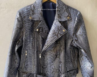 Genuine Python Leather Jacket :Handmade Luxury Real Snakeskin Biker Jacket