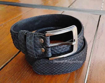 Black Python Leather Belt, Handmade Snakeskin Belt for Men, Exotic Stuff Purse