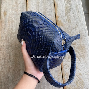 Trousse de toilette faite main en cuir de python bleu | Pochette de voyage | Sac unisexe en cuir exotique