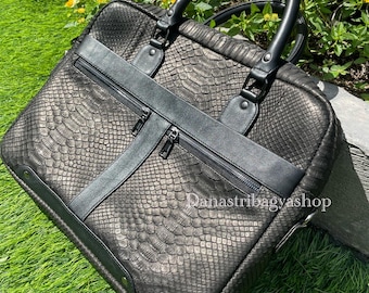 Black Python Leather Laptop Bag : Luxury Snakeskin Briefcase ; Office Bags