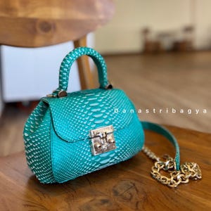 May include: A teal handbag with a textured snakeskin pattern. The bag has a top handle and a detachable chain strap. A silver-colored clasp secures the flap closure. The brand name "Danastribagya" is printed on the bag.