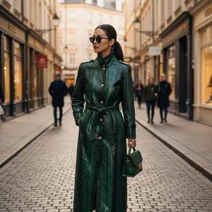 Pode incluir: Um trench coat longo verde esmeralda com padrão de pele de cobra, cinto na cintura e botões dourados. O casaco é combinado com uma bolsa verde a condizer e botas pretas. O fundo mostra uma cena de rua europeia.