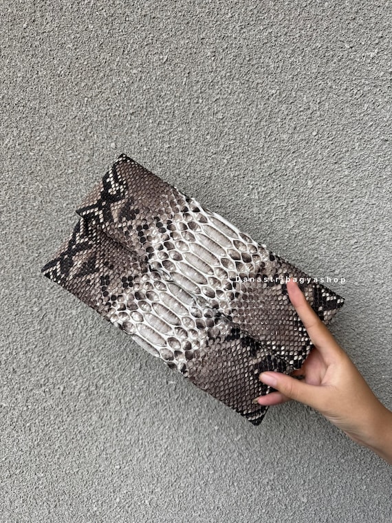 Grey  Python skin Foldover Clutch  | Luxury Snakeskin envelope  handbag - Womens wallets