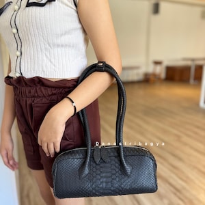 Black Python Leather Handbag | Luxury snakeskin Shoulder Bag | Exotic bagguette bag image 8