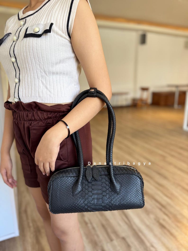 Black Python Leather Handbag | Luxury snakeskin Shoulder Bag | Exotic bagguette bag image 8