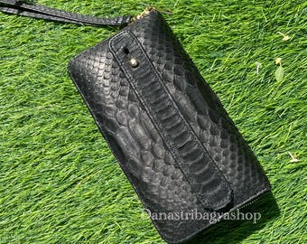 Cartera de piel de pitón auténtica negra mate con doble cremallera