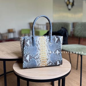 May include: A structured handbag featuring a snakeskin pattern in shades of blue, gray, and brown, with a prominent vertical gold-toned panel down the center. The bag has two matching top handles and the text Danastribagya printed on the side.