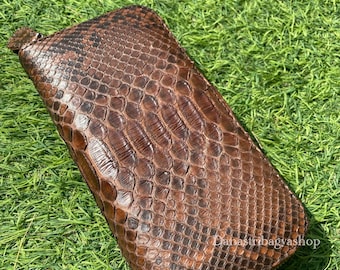 Python-portemonnee bruin: slangenleer met ritssluiting voor dames; Exotische leren portemonnee