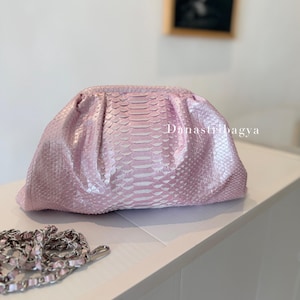Genuine python skin pink pearl  pouch bag: Luxury snakeskin Dumpling bag