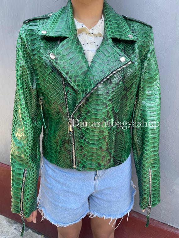 Handmade Green Python Leather Biker Jacket Cropped Exotic Design