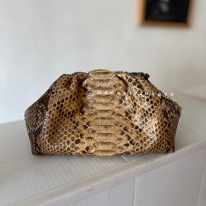 May include: A clutch bag featuring a textured snakeskin pattern in shades of tan, brown, and black. The bag has a gathered, pouch-like silhouette with a central panel of larger scales and smaller scales on the sides. The text Danastribagya is visible.